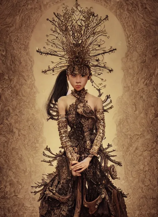 Image similar to a portrait of asian female by stefan geselle and nekro borja, photorealistic, intricate details, hyper realistic, fantasy, elegant, baroque victorian steampunk, photorealistic, canon r 3, photography, symmetrical features, symmetrical pose, wide angle shot, standing pose, feet on the ground, wearable art