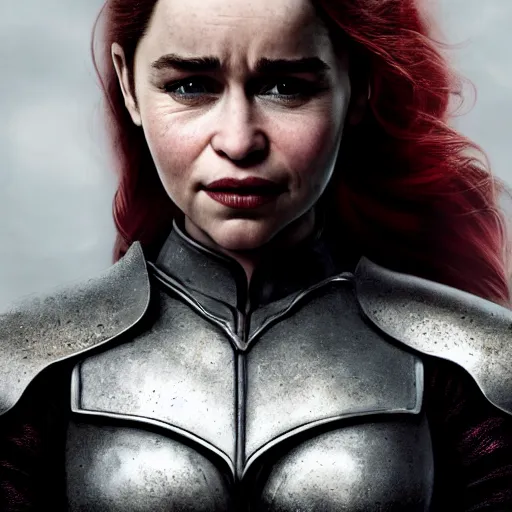 Image similar to emilia clarke, as a medieval fantasy character, with dark red hair, wearing light, silver armor and red clothing, olive complexion, holding a longsword, determined expression, noble, cinematic, dark, realistic, digital art, 8 k