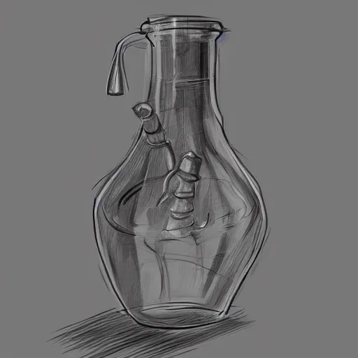 Image similar to a bottle that contains a potion, shaped like a fox skull stoppered. digital charcoal sketch. prop design. # digitalsketch # monochrome # sketch # ink # characterdesign # dndcharacter # charactersketch # characterconcept # conceptart