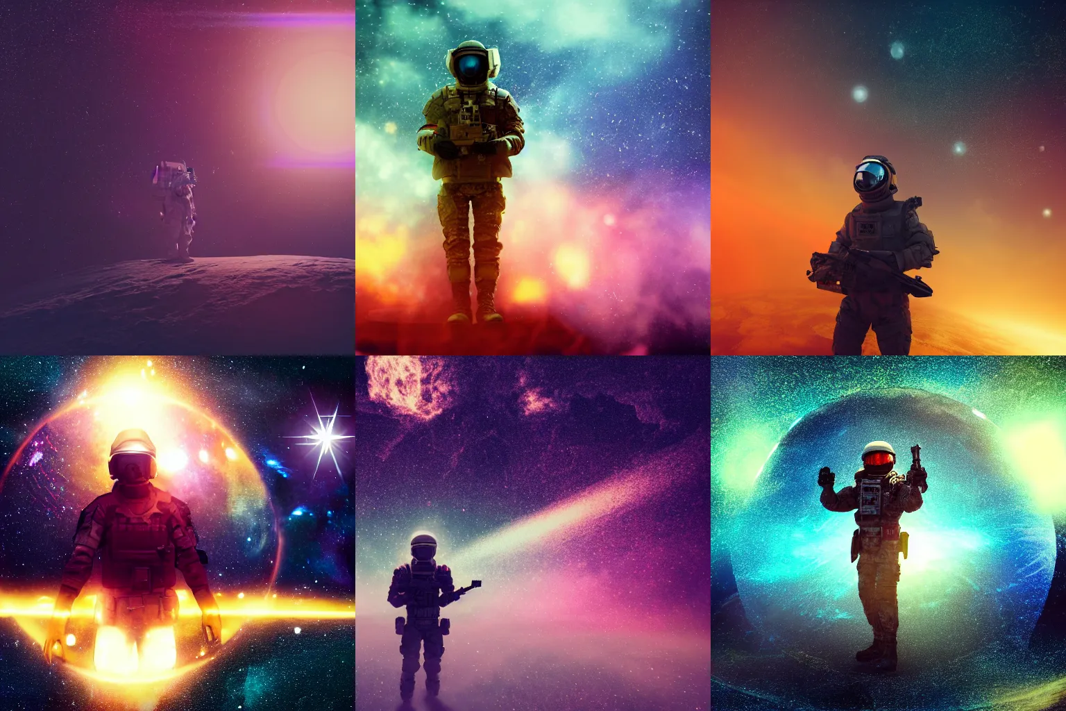 Prompt: high detail photo of a heavily armed soldier floating in space inside magic colorful glowing sparkling fog, circular planet behind it, starry sky, tranquil, desolate, atmospheric, hazy, autochrome, 8k, reflections, octane render, unreal engine 5