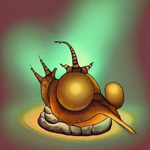 Image similar to Snail and Mushroom Hybrid, bipedal creatures, in the style of John Coulthart, vaporwave, volumetric lighting, maximalist, surrealism