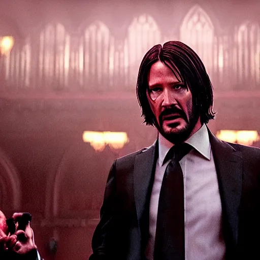 Image similar to cinematic still of John Wick singing on stage holding a Bible in John Wick (2009). loud singing. church choir behind. heavenly lighting. shallow depth of field, cinematic