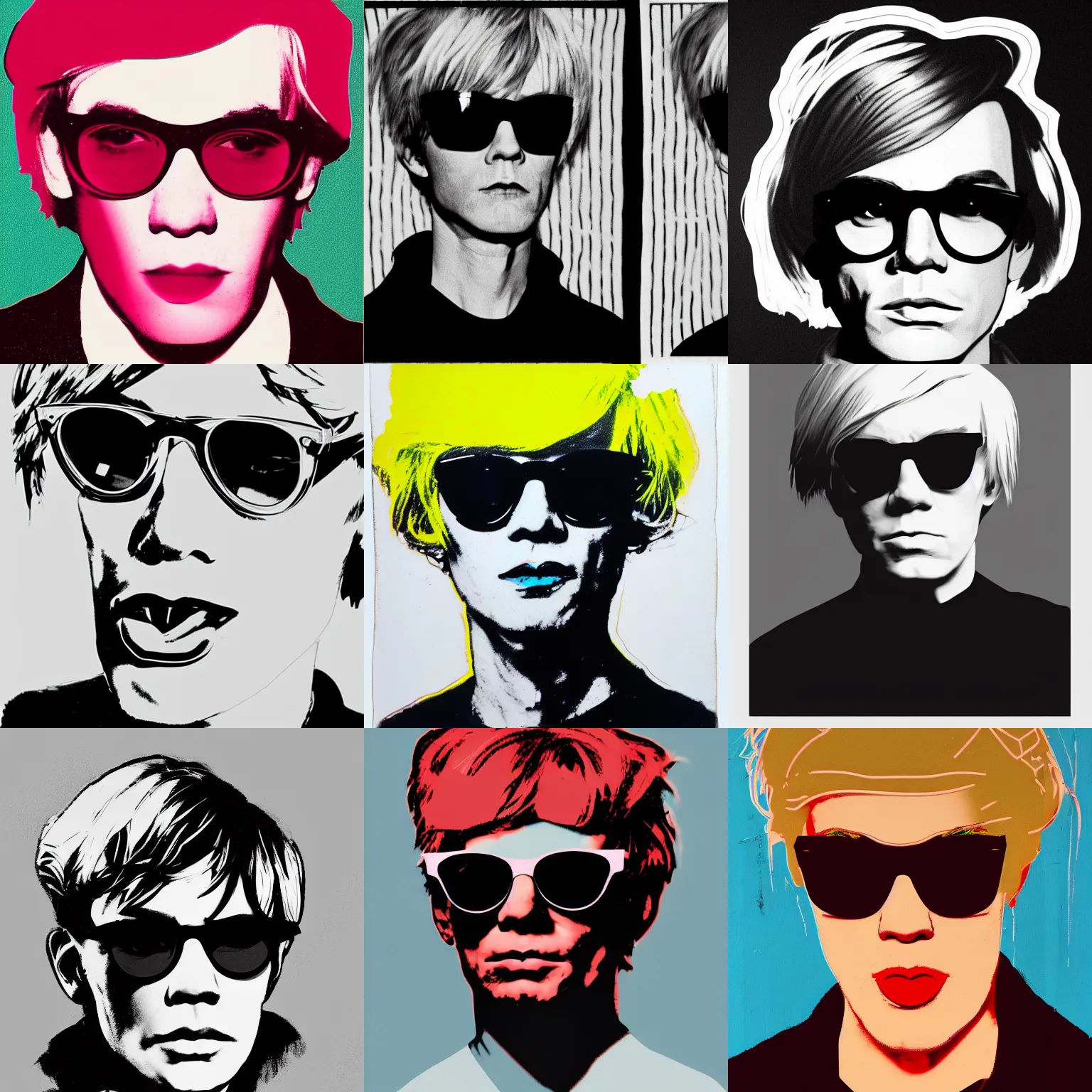 Prompt: portrait of young and angry andy warhol looking sternly into the camera and wearing designer sun glasses, in the style of andy warhol, high quality, trending on artstation, hd