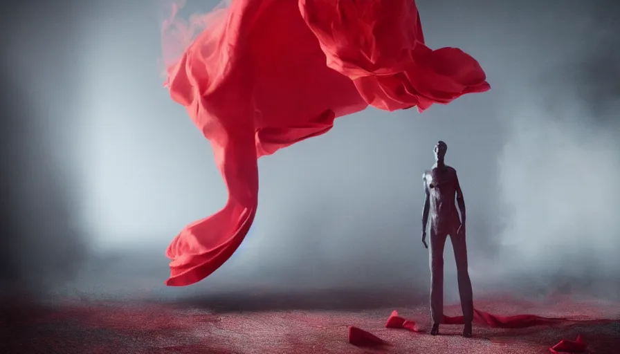 Image similar to a smoke - figure covered by red cloth that's blowing in the wind standing in a beautiful penthouse with atmospheric light, digital art, concept art, cloth simulation with houdini, octane, redshift, 8 k