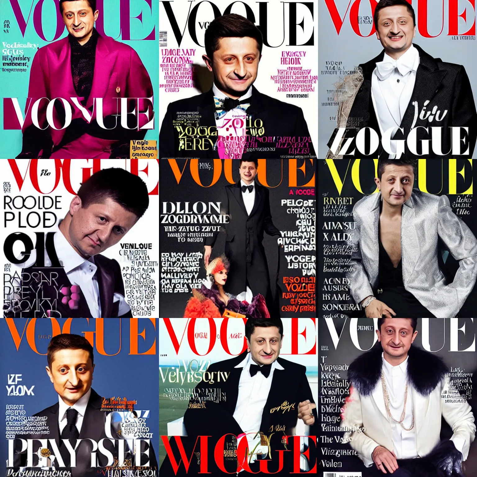 Prompt: Volodymyr Zelensky dressed as a pimp on the cover of the Vogue magazine