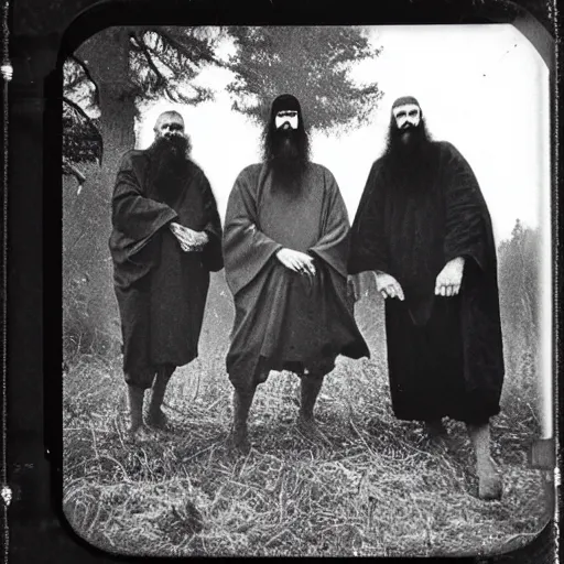 Image similar to trail _ camera _ photo _ of _ a _ breaton monks looking like rasputin with some ghost and spirits _ realistic _ spooky _ grimdark _ night _ black _ and _ white, polaroid