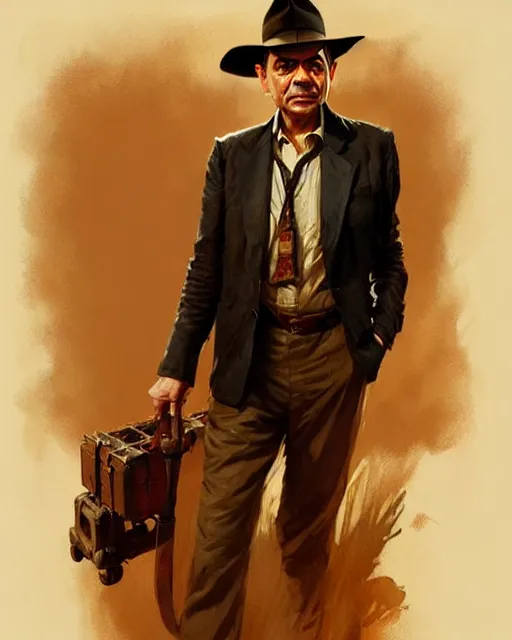 Image similar to rowan atkinson as indiana jones, suave looking, fine details, realistic shaded lighting poster by greg rutkowski, magali villeneuve, artgerm, jeremy lipkin and michael garmash and rob rey