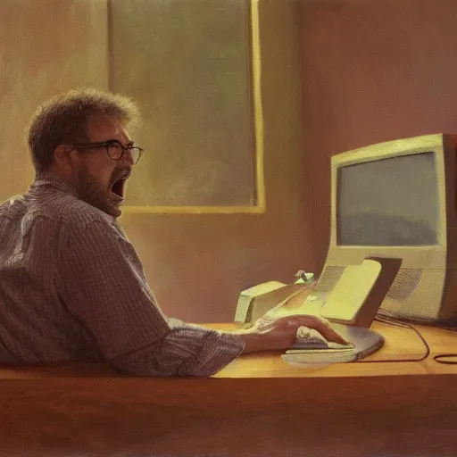 Image similar to an angry man yells at his computer monitor, oil on canvas, highly detailed, high resolution