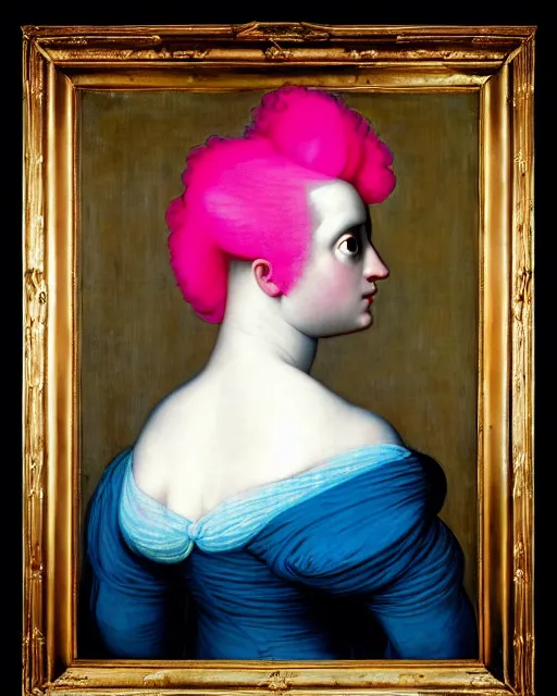 Image similar to woman with pink hair, wearing a neon blue dress by Vivienne Westwood, intricate details, masterpiece, in the style of Jean Auguste Dominique Ingres, black background