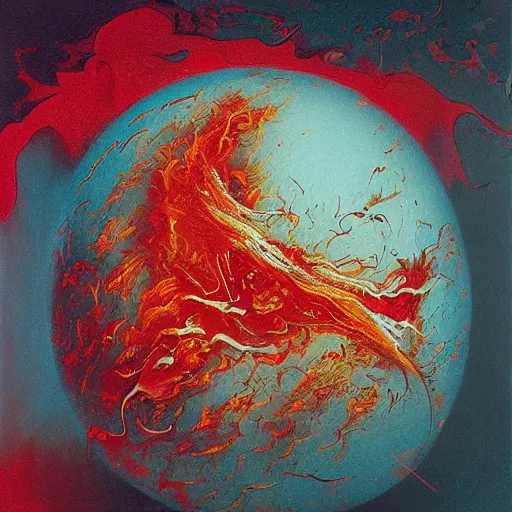 Image similar to a sphere being devoured by abstract splatters of paint in the style of francis bacon, venus being engulfed in flames in the style of james jean, surreal, beksinski, high detailed