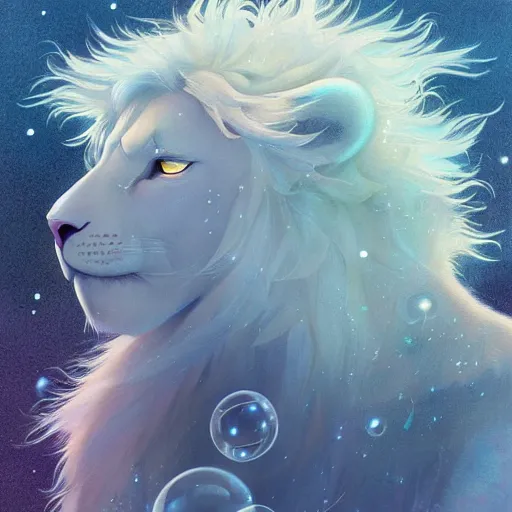 Image similar to aesthetic portrait commission of a albino male furry anthro lion floating and sleeping inside a soap bubble while opening its third eye in the blue cloudy sky, minimalistic sky Atmosphere, hyperdetailed. Character design by charlie bowater, ross tran, artgerm, and makoto shinkai, detailed, inked, western comic book art, 2021 award winning painting