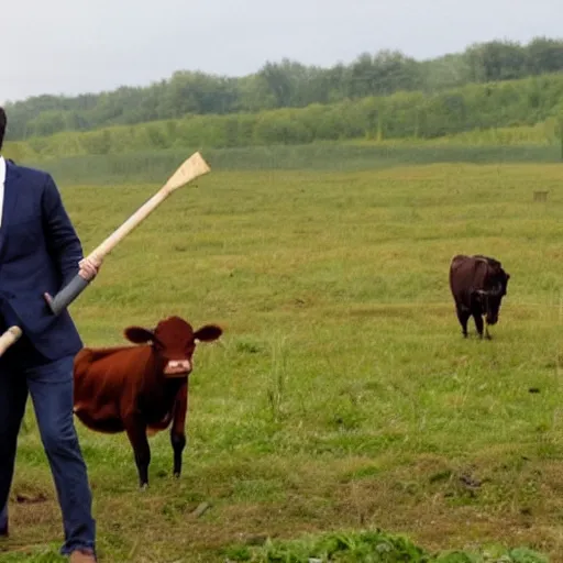 Image similar to mark rutte wielding an axe hitting cows, on farmland