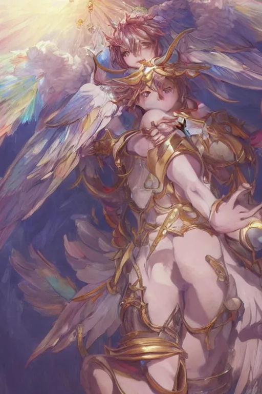 Image similar to a beautiful painting of sandalphon from granblue fantasy, wings with colorful feathers, ray of light, shimmering and prismatic, rococo, highly detailed, by krenz cushart and mucha, trending on artstation.