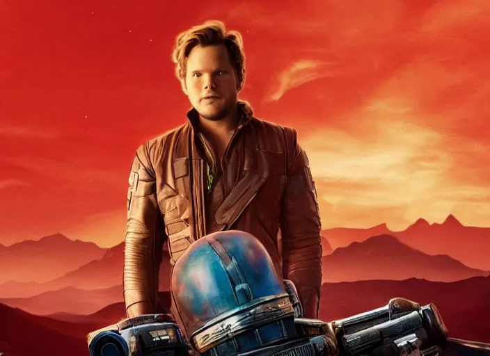 Prompt: a very high resolution image from a new movie, starlord. in a room full of posters and vinyls. mountains, directed by wes anderson