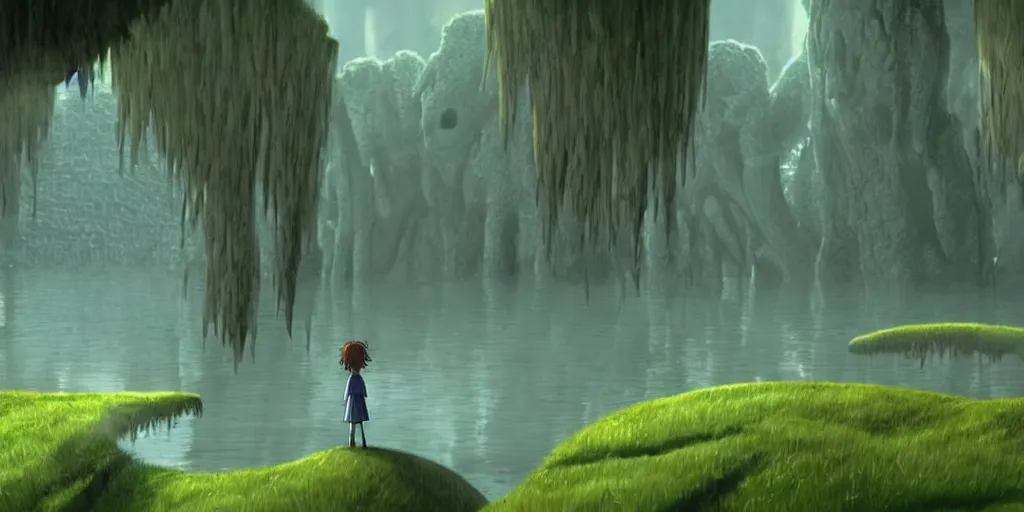 Image similar to a cell - shaded cartoon movie still from howl's moving castle ( 2 0 0 4 ) of a zombies in a flooded rainforest valley. stonehenge is seen in the background with shafts of sunlight from above. wide shot, very dull muted colors, hd, 4 k, hq