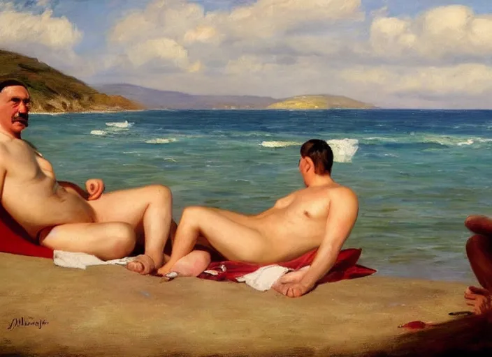 Prompt: adolf hitler sunbathing at an argentinian beach by vladimir volegov and alexander averin and delphin enjolras