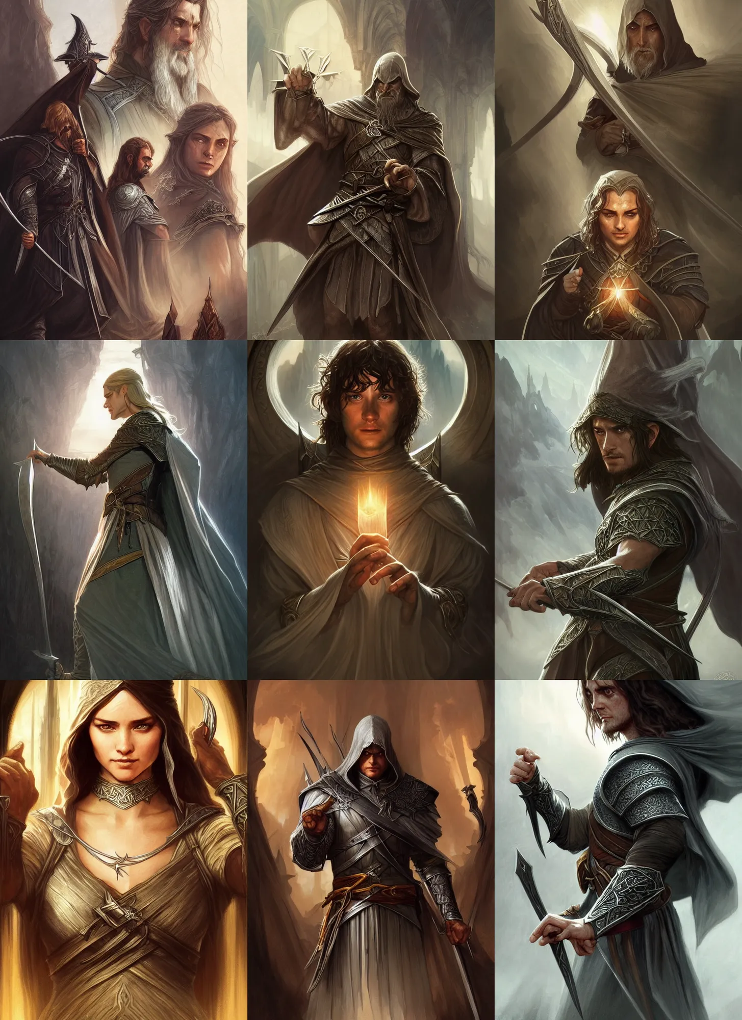 Prompt: characters from lord of the rings combined with characters from assassin's creed 2, fantasy, intricate, elegant, highly detailed, digital painting, artstation, concept art, matte, sharp focus, illustration, hearthstone, art by artgerm and greg rutkowski and alphonse mucha