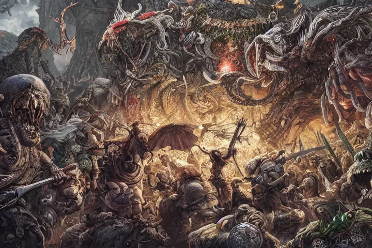 Prompt: a gruesome battle scene from myth the fallen lords. super fine surreal detailed fantasy illustration by kim jung gi, iraq nadar, intricate lines, clear focus, vivid colors, matte landscape, octopath voyager, dnd, unreal engine highly rendered, radiant light, intricate, trending