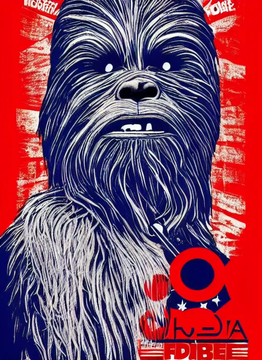 Image similar to chewbacca presidential election poster showing close up of chewbacca face red and blue duotone by sheperd fairey no text