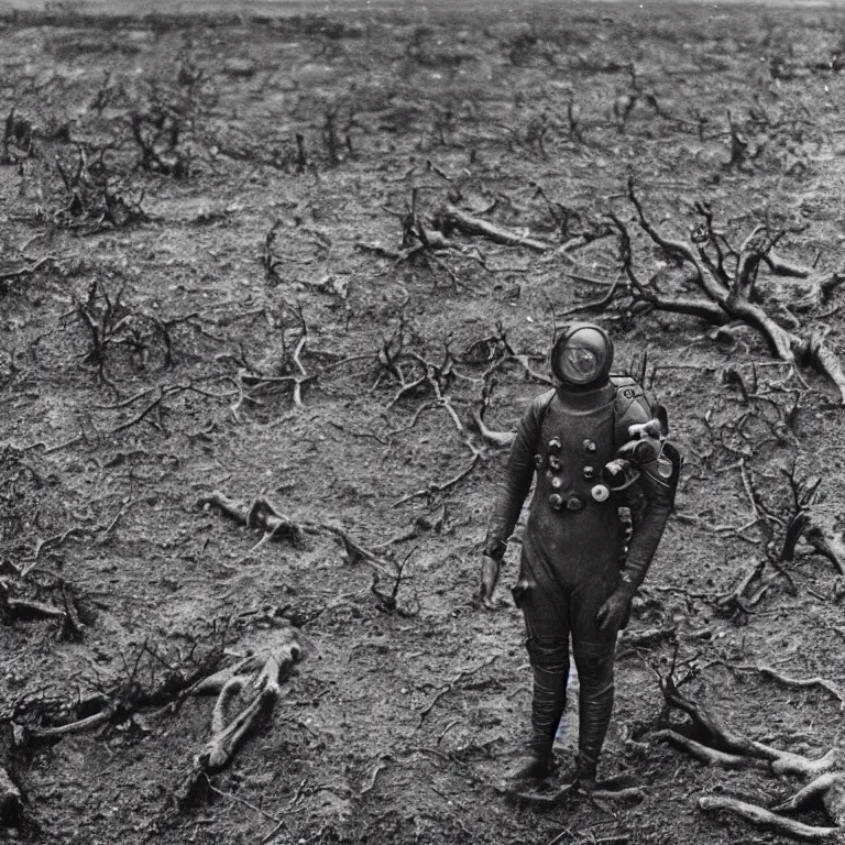 Image similar to A daguerreotype photo of mark V deep sea diving suit standing on a WWI battlefield, mud, craters, dead trees, desolate, smoky