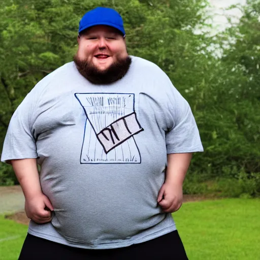 Image similar to very obese man with a t-shirt and a cap with the letter P, writing on a book