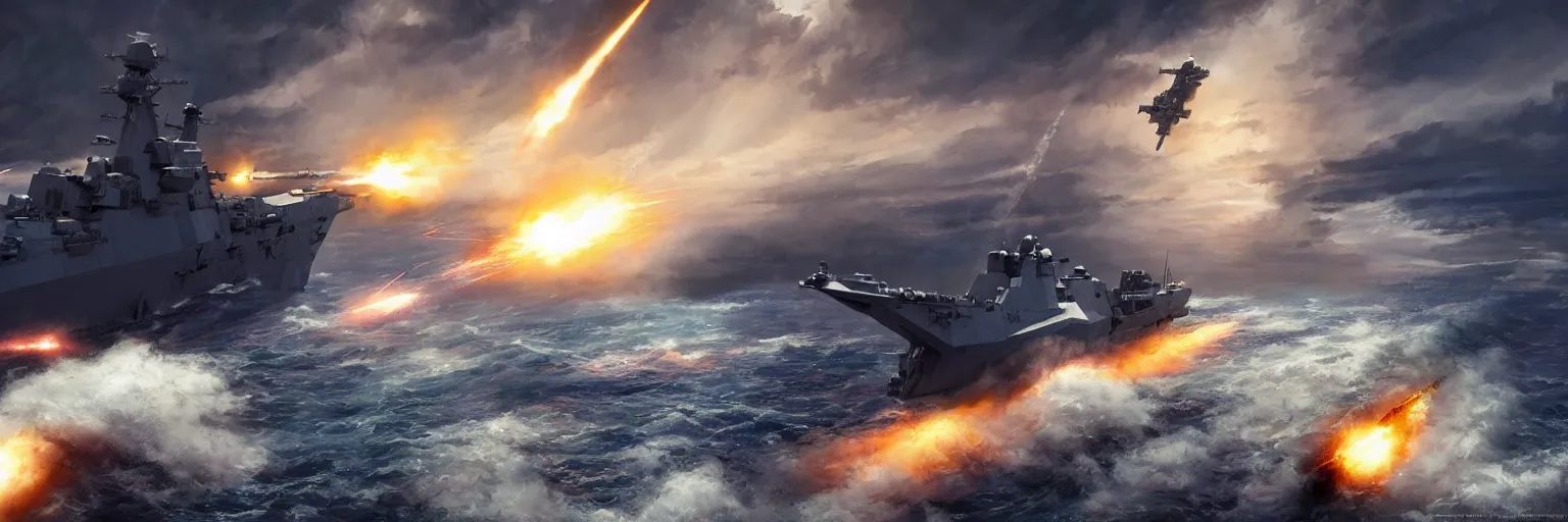 Image similar to aircraft destroyer firing intercontinental rocket In aa ocean storm, dramatic lighting, cinematic, establishing shot, extremly high detail, foto realistic, cinematic lighting, post processed, concept art, artstation, matte painting, style by eddie mendoza, raphael lacoste, alex ross