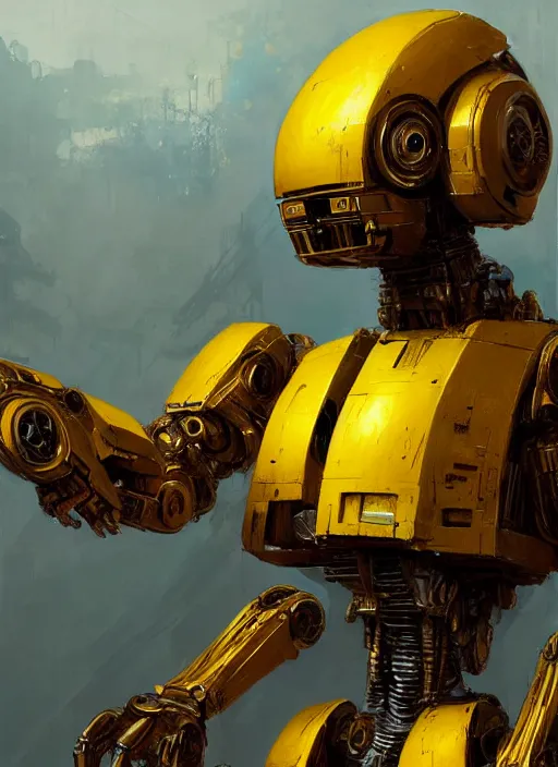 Image similar to human-sized strong intricate yellow pit droid, pancake short large head, exposed metal bones, painterly humanoid mecha, by Greg Rutkowski