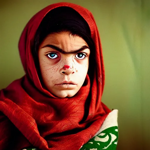 Image similar to portrait of american bulldog as afghan girl, green eyes and red scarf looking intently, photograph by steve mccurry