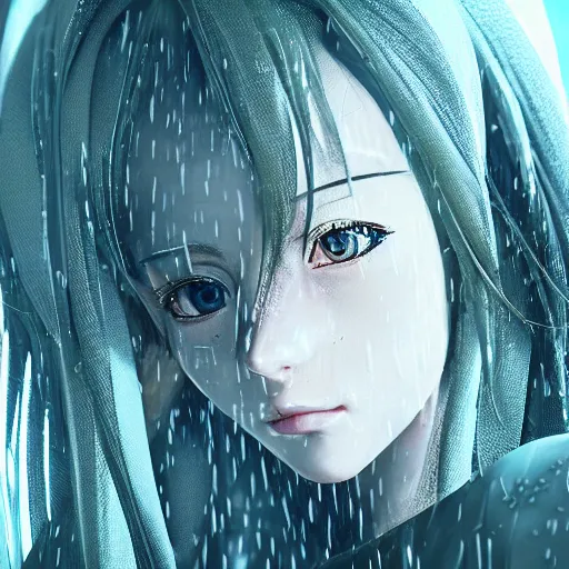 Prompt: anime human portrait made out of rain, beautiful, intricate detail, rendered in octane, unreal engine, realistic