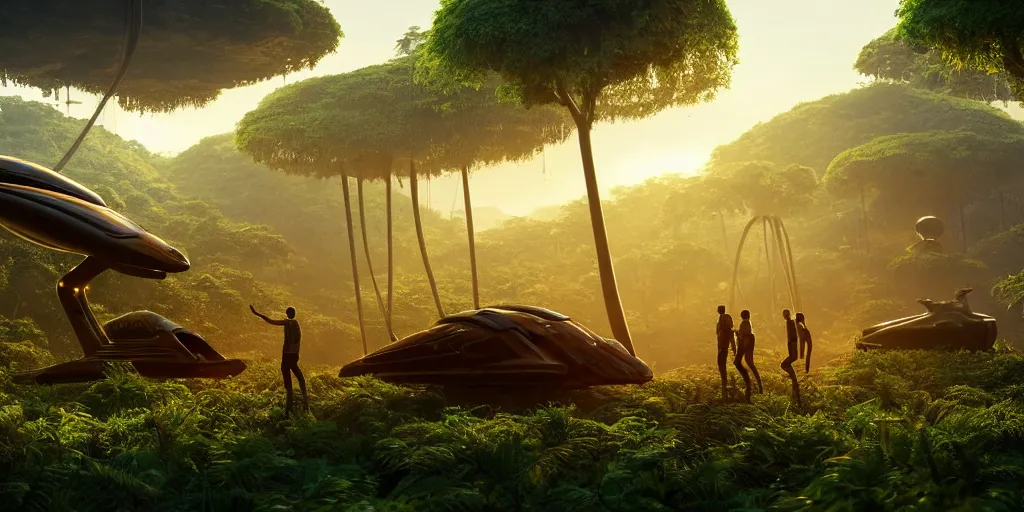 Prompt: a huge futuristic rusty old alien spaceship, next to it a smaller exploration ship on a landing pad, surrounded by a lush jungle, in the foreground two explorers are arguing and small animals! are walking around, golden hour, volumetric light, hyperdetailed, artstation, cgsociety, 8k