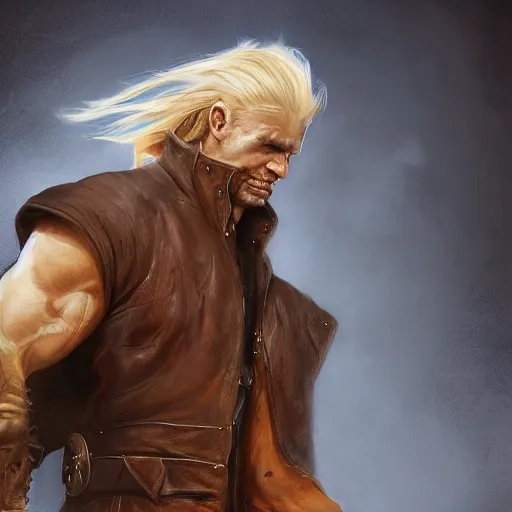 Image similar to portrait of a muscular, grim, ponytail haired blonde man in his late 30's, wearing a thick brown leather coat, looking to his side, scarred face, blue eyes, hunter, DnD character, fantasy character, dramatic lighting, digital art by Ruan Jia, Krenz Cushart, Rossdraws and Boris Vallejo