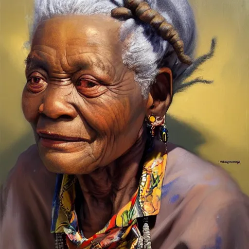 Prompt: Greg Manchess portrait painting of an old 80 year old African grandmother character, grey hair, dreads, jewellery, medium shot, athletic, asymmetrical, profile picture, Organic Painting, romantic light, matte painting, bold shapes, hard edges, street art, trending on artstation, by Huang Guangjian and Gil Elvgren and Sachin Teng