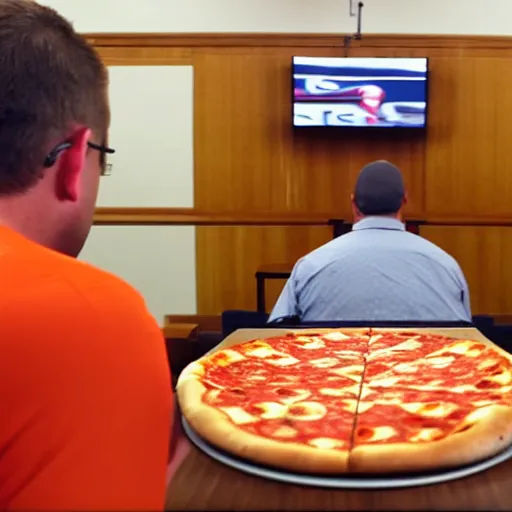 Prompt: gopro footage of a man made out of hotdogs eating a slice of pizza in a court room, iso 2 0 0, depth of field, cinematic, volumetric lighting