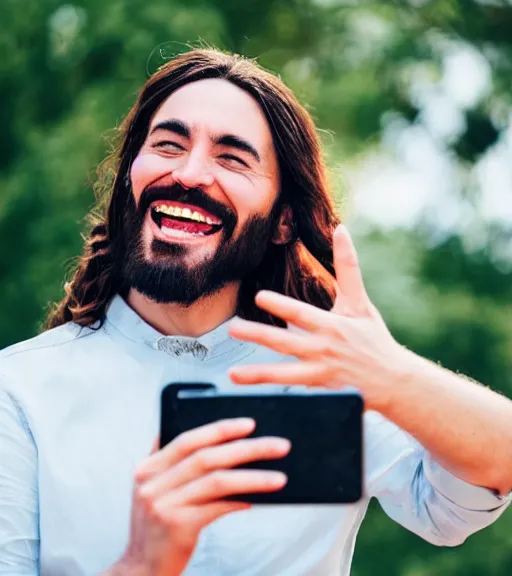 Image similar to Jesus taking a selfie. He is laughing. Professional photo