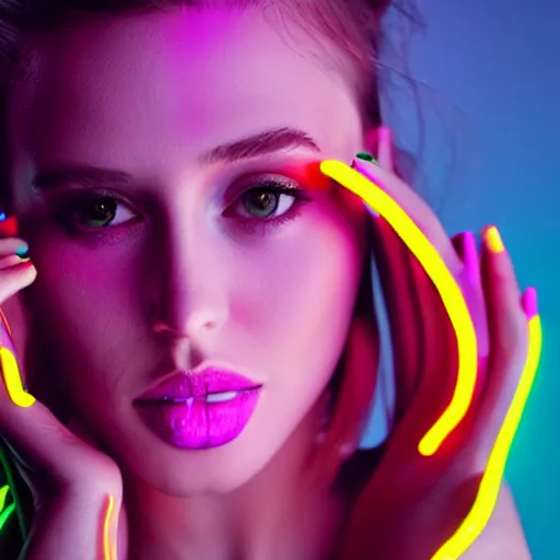 Image similar to a girl glowing with neon colors, high details, high modernization, high stylization, photo model