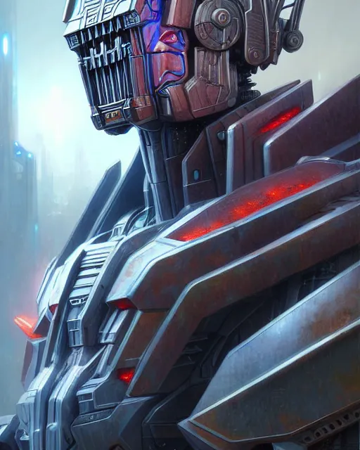 Image similar to optimus prime fantasy character portrait, ultra realistic, wide angle, intricate details, blade runner artifacts, highly detailed by peter mohrbacher, boris vallejo, hajime sorayama aaron horkey, gaston bussiere, craig mullins