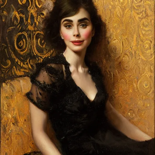 Image similar to detailed portrait of lilly collins in black clothes, spring light, painting by gaston bussiere, craig mullins, j. c. leyendecker