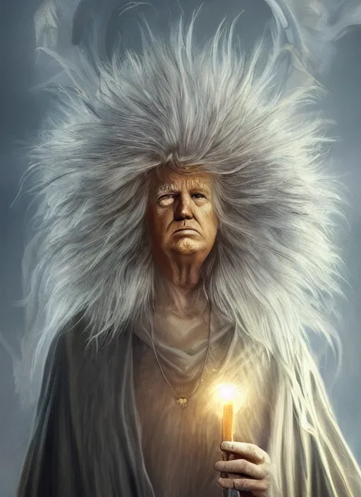 Image similar to Portrait of Donald Trump, white glowing eyes, silver shaggy hair, cloak, ethereal wings, male, fantasy, extremely detailed, digital painting, artstation, concept art, smooth, sharp focus, illustration, stunning lighting, art by artgerm and greg rutkowski and alphonse mucha and simon stalenhag, realistic character concept, high fantasy, light atmosphere, golden ratio, cinematic lighting, hyperdetailed, high resolution, insanely detailed and intricate, artstation, Marc Simonetti, Greg Rutkowski, 8k