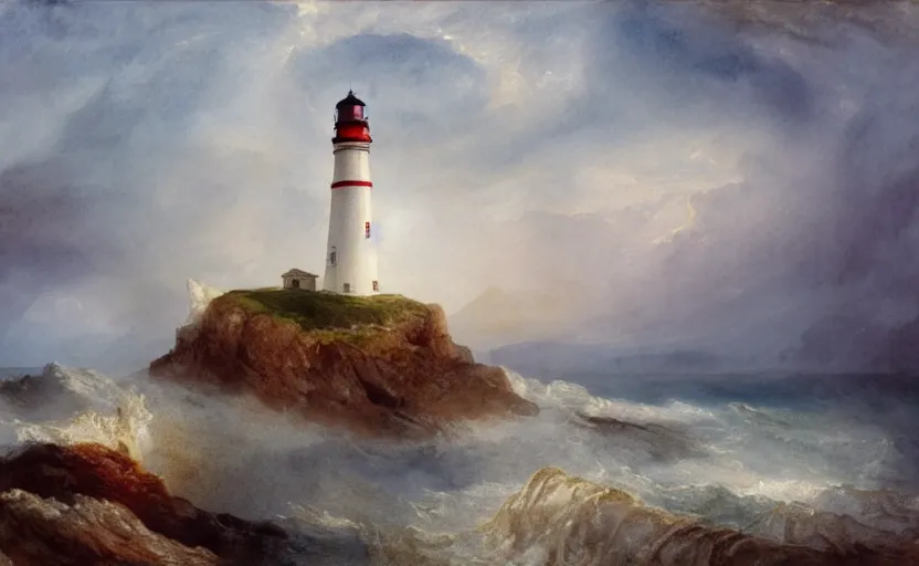 Image similar to a watercolor painting of a single lighthouse in a small rocky island during a violent storm by william turner, high quality, highly detailed, digital painting, masterpiece, turbulent sea, dramatic lighting, cinematic, centered, watercolor, william turner style, 4 k