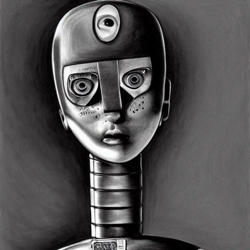 Prompt: humanoid robot, Black and White, ink art art by Laurie Lipton