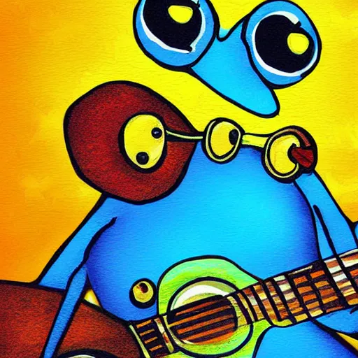 Image similar to cute frog playing on guitar, digital art, blue background, modern