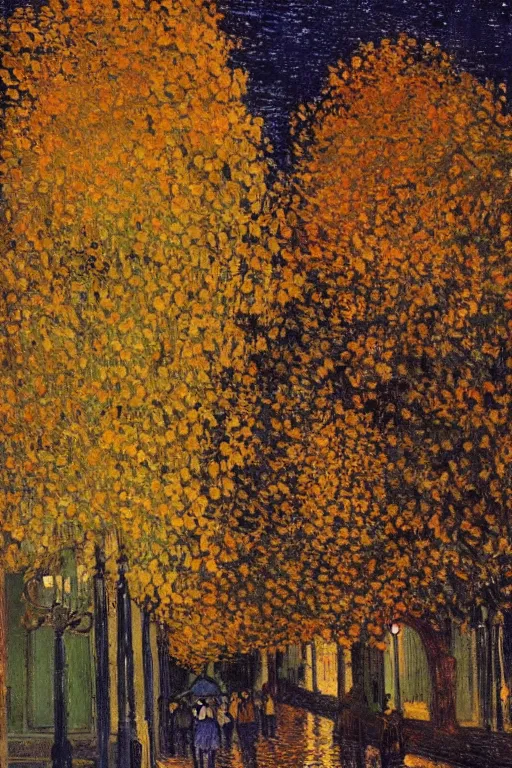 Prompt: julius sergius klever and vincent van gogh and claude monet autumn maple trees in fall color beautiful midnight night. starry sky and cinematic reflections on wet path. street lamps illuminating softly.