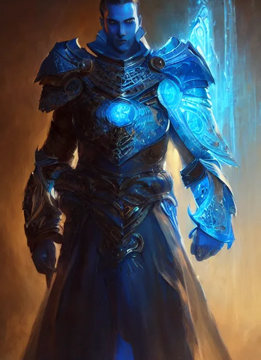 Image similar to kaladin stormblessed in shardplate. a knight in amazing fantasy armor that glows, bursting with blue light, sleek, lightweight but imposing, light glowing from the decorations and inscriptions. intricate and ornate. concept art from artstation. beautiful highly detailed fantasy painting by greg rutkowski