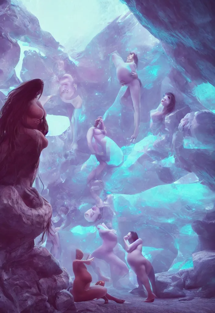 Prompt: epic pregnant woman talking to all her tribe with fluorescence bodies, proud people gather around the pregnant woman, ice cave, facinating, fantasy digital art, octane render, beautiful composition, trending on artstation, award - winning, masterpiece