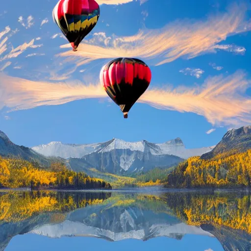 Image similar to photo of two black swans touching heads in a beautiful reflective mountain lake, a colorful hot air balloon is flying above the swans, hot air balloon, intricate, 8k highly professionally detailed, HDR, CGsociety