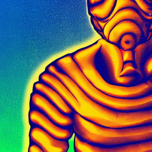 Image similar to human man that resembles a wasp morh in surreal sketch style, blue and yellow gradient, noise, ultrafine detail, hd 8k, logo illustration