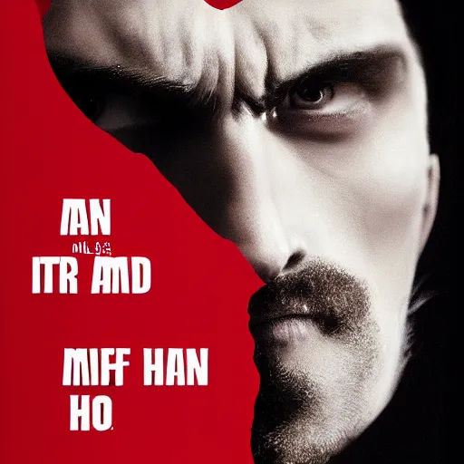 Prompt: a dramatic movie poster. a man's head. half of his head is a vampire.