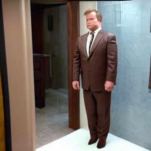 Image similar to Andy Richter is wearing a chocolate brown suit and necktie. Andy is standing inside a bathtub under a running shower. The suit and necktie are soaking wet.