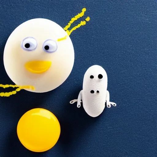 Image similar to a fried egg flying saucer, with salt and pepper aliens dancing on top, in the style of pixar, against a blue sky
