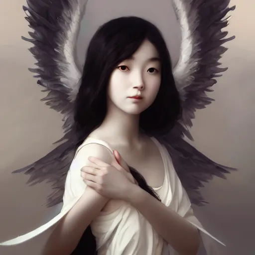 Image similar to Beautiful pale angelic goth korean girl with angel wings, masterpiece 4k digital illustration by Ruan Jia and Mandy Jurgens and Artgerm and william-adolphe bouguereau, highly detailed, trending on artstation, award winning,